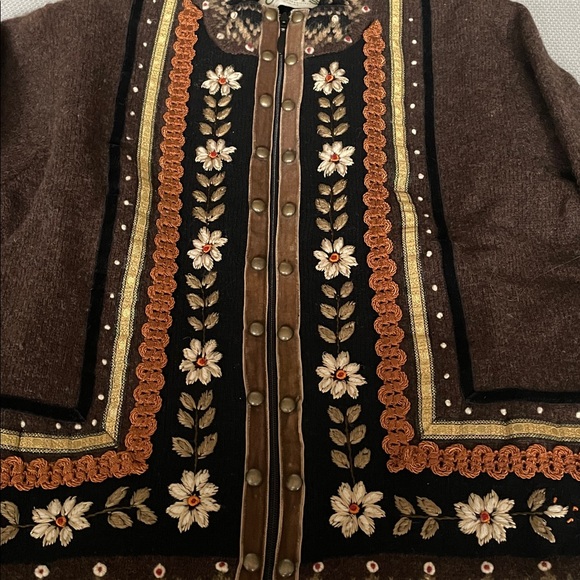 Orvis Scandinavian Embellished Brown Wool Full Zip Sweater Jacket Size Small - Picture 7 of 8